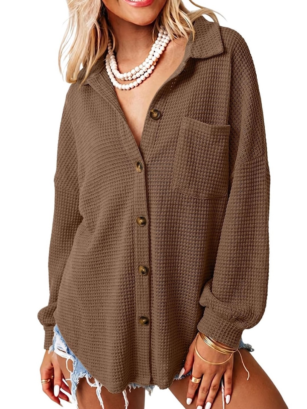 Casual Waffle-Knit Button-Down Shirt in Brown